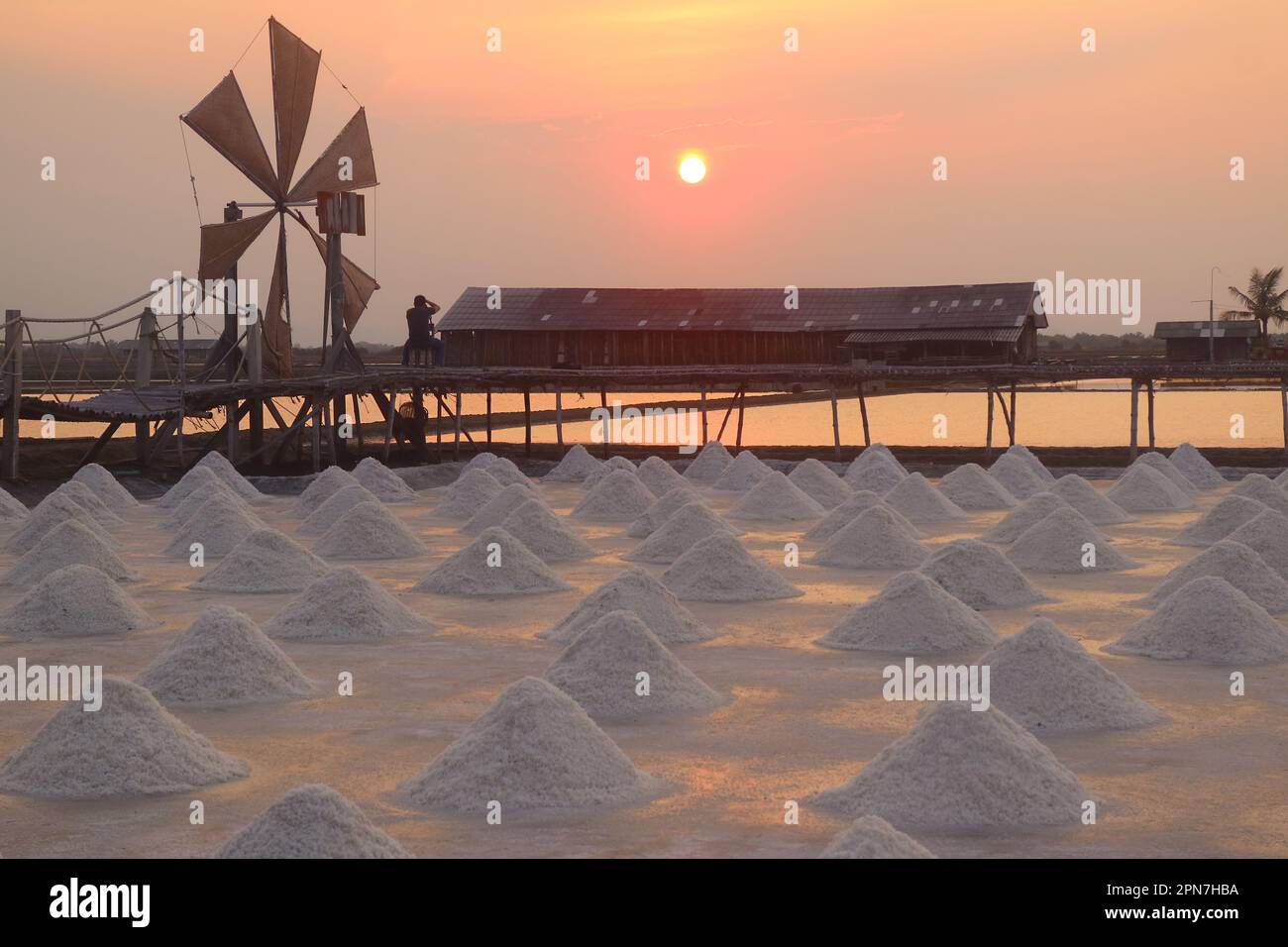 Vue fantastique de la ferme de sel récoltée avec lumière rouge de coucher de soleil dorée, province de Petchaburi en Thaïlande Banque D'Images