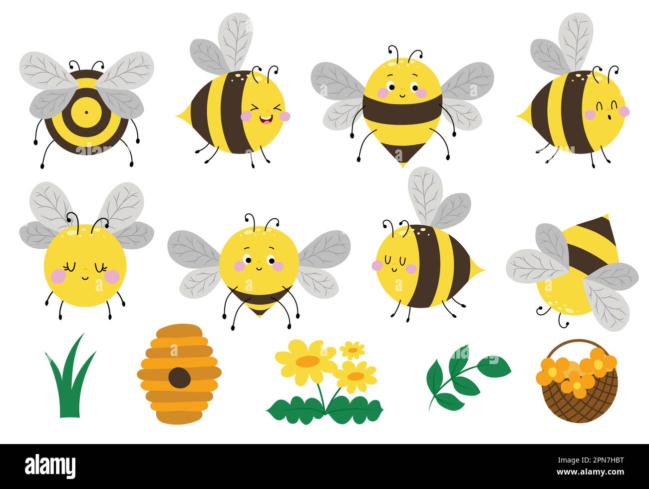 Jolie collection d'abeilles bourdonnantes avec fleurs et miel, insecte jaune avec rayures. Pack d'abeilles, de bourgeons de fleurs et de feuilles pour colles d'été Illustration de Vecteur