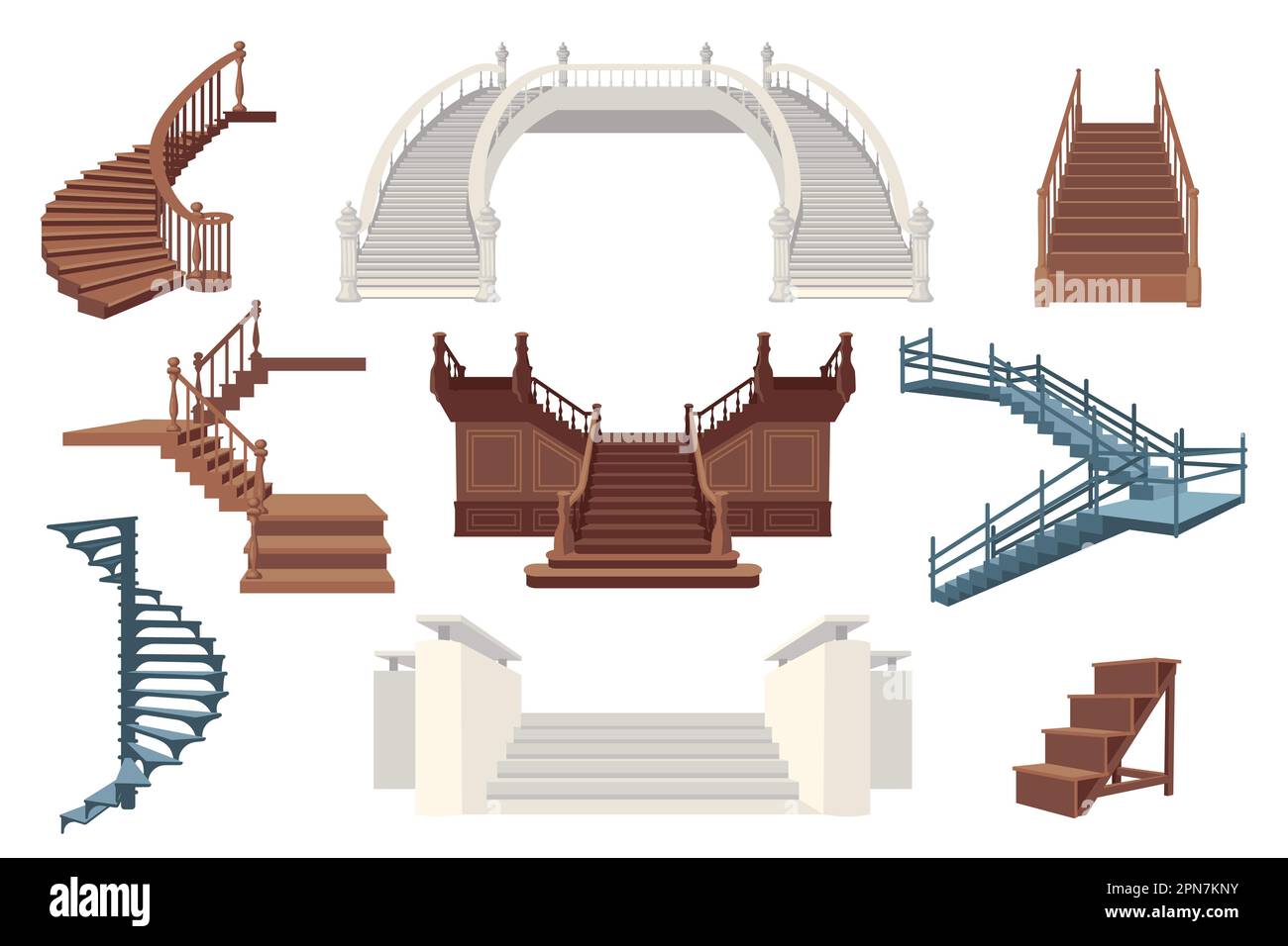Jeu d'illustrations vectorielles plates des escaliers, vue avant et latérale Illustration de Vecteur