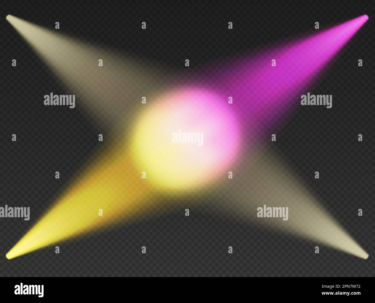 Vue du dessus de quatre projecteurs blancs, roses et jaunes. Lumières coniques du bas avec bords sombres. Effet de spot volumétrique sur fond sombre. Vide Illustration de Vecteur