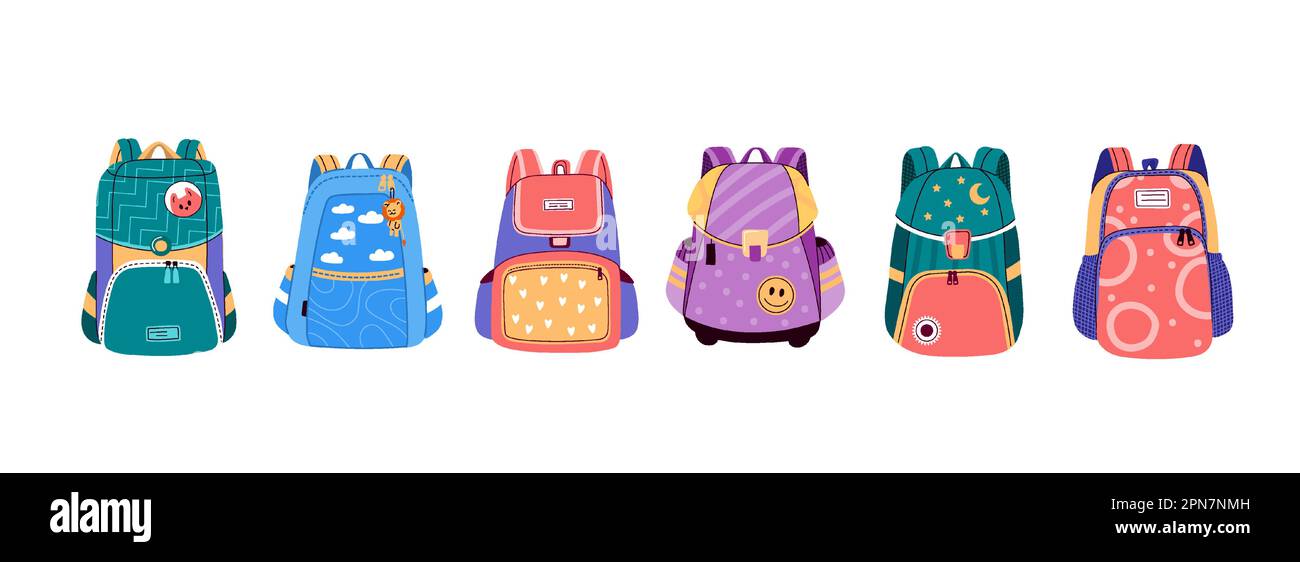Ensemble de sac à dos pour école pour niveleuse de firts.Illustration vectorielle dans un style plat. Illustration de Vecteur