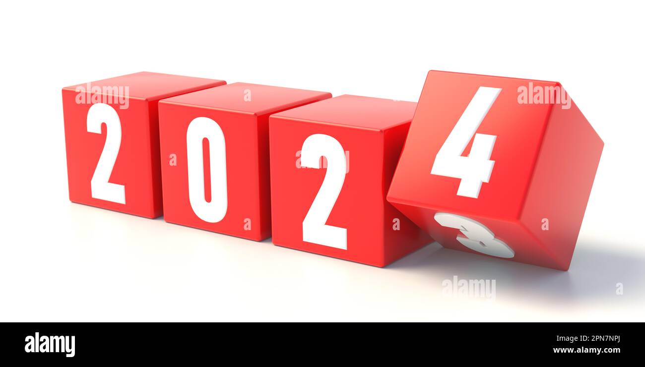 Changement du nouvel an 2024. Cube rouge avec chiffre isolé sur fond