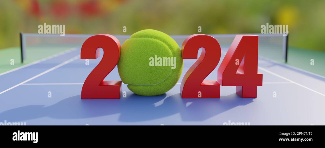 Calendrier de la nouvelle année 2024 du tennis. Boule jaune entre le