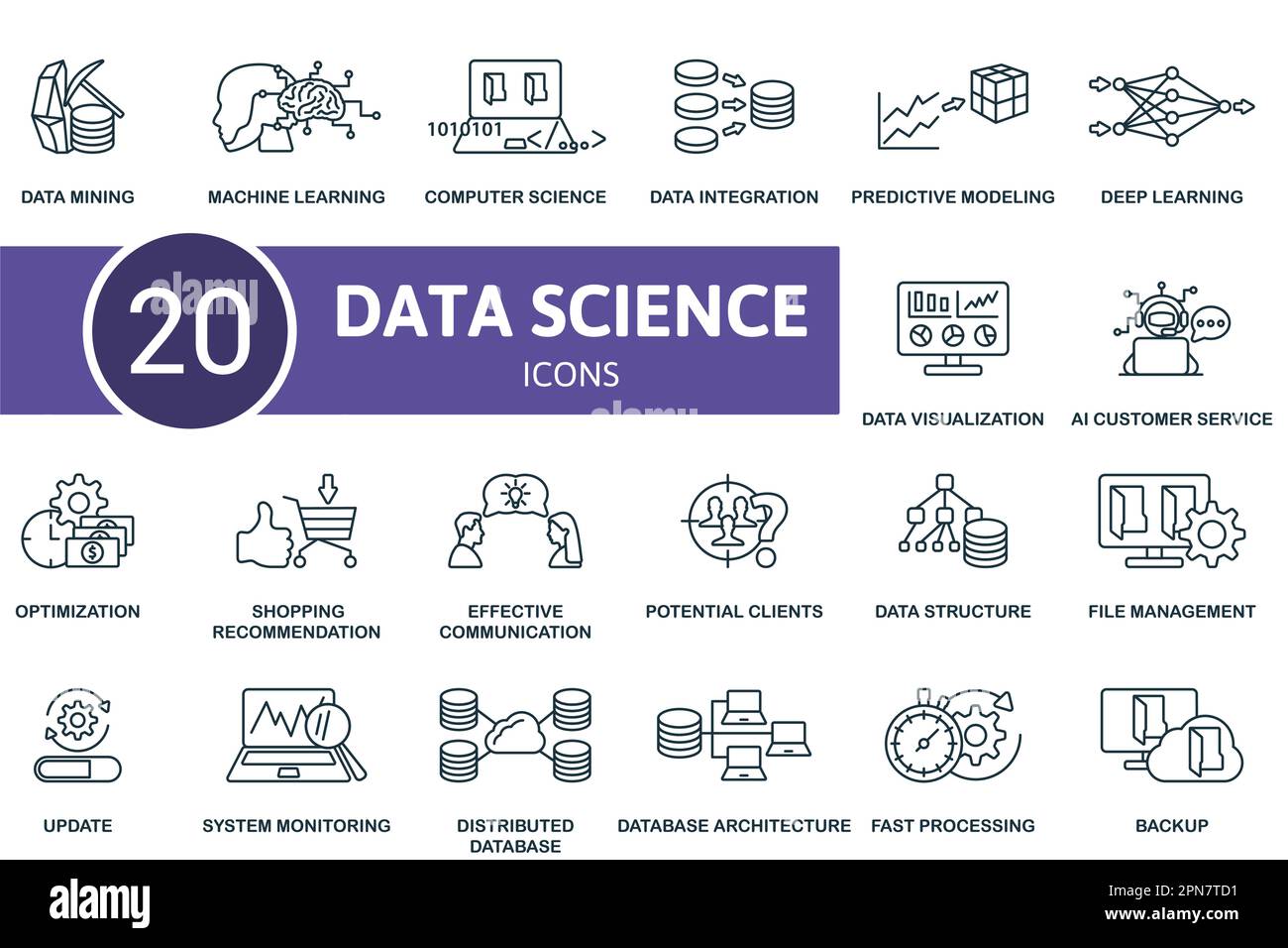 Ensemble de science des données. Icônes créatives : Data minig, machine learning, informatique, intégration de données, modélisation prédictive, apprentissage approfondi, données Illustration de Vecteur