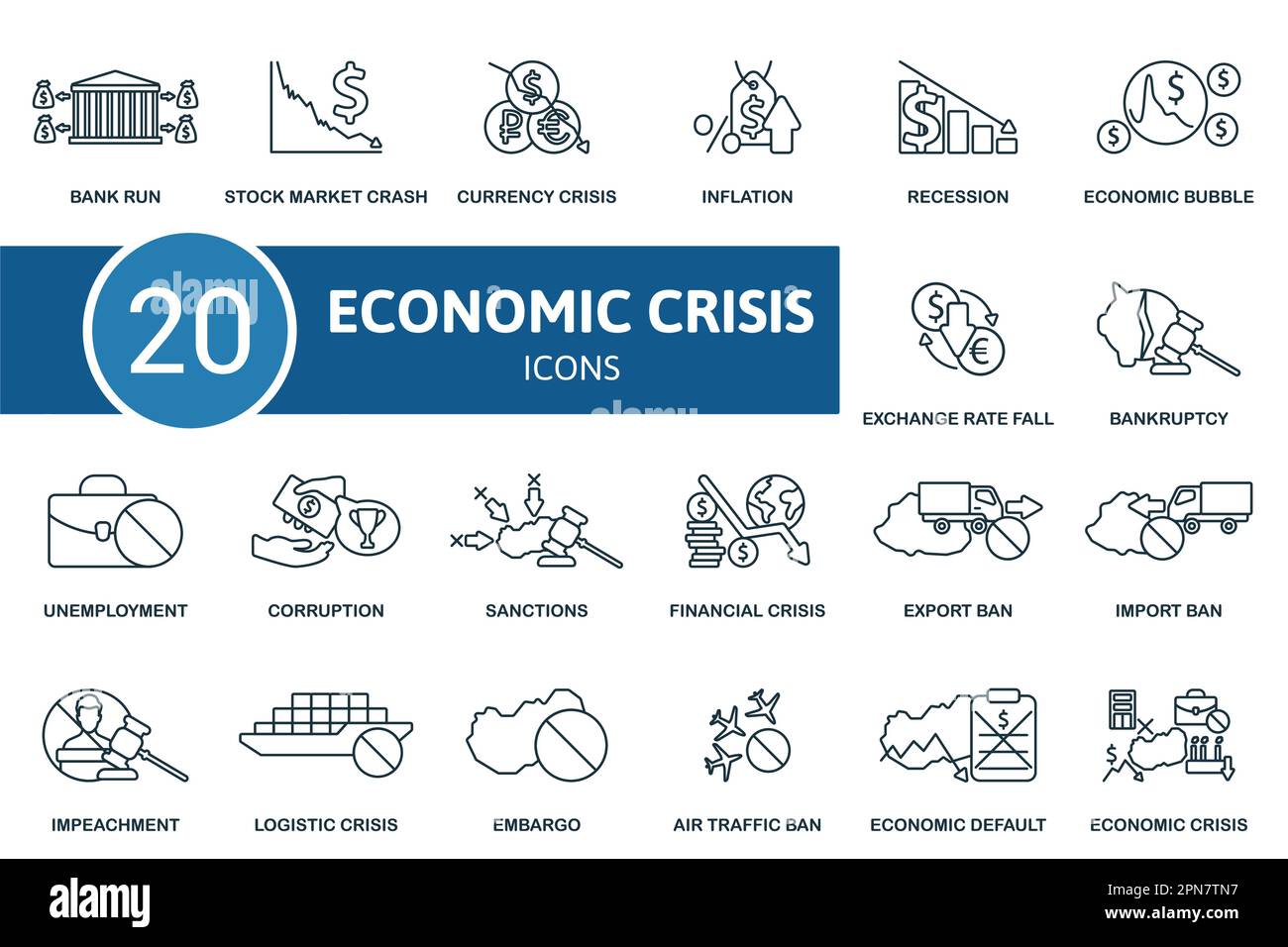 Crise économique. Icônes créatives : course bancaire, krach boursier