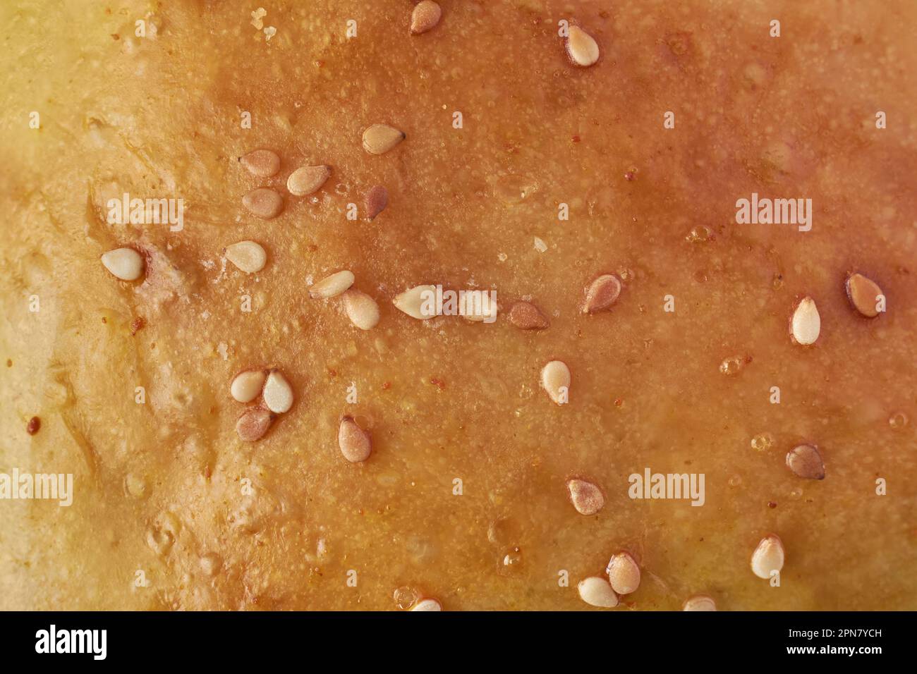 gros plan d'un petit pain fraîchement cuit ou d'une surface de pain avec des graines de sésame étalées sur le dessus, d'un plateau en-cas doré et croustillant, sur fond de nourriture plein cadre Banque D'Images