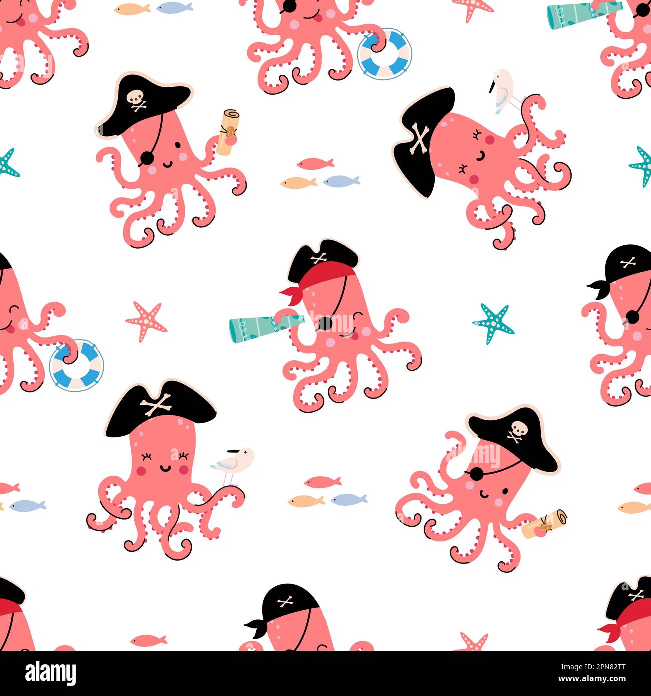 Motif sans couture style octopus de dessin animé. Imprimé pirates, joli motif animal sous-marin. Modèle de tissu pour fille garçon, fond vectoriel de pépinière nowaday Illustration de Vecteur