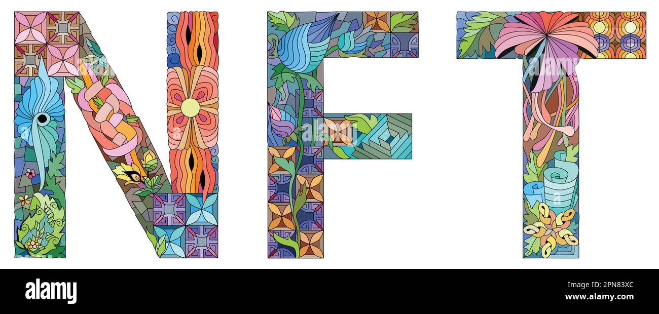 Décoration artistique peinte à la main. Illustration du mot NFT peint dans des couleurs chaudes pour T - motif de chemise, tatouage et autres décorations Illustration de Vecteur