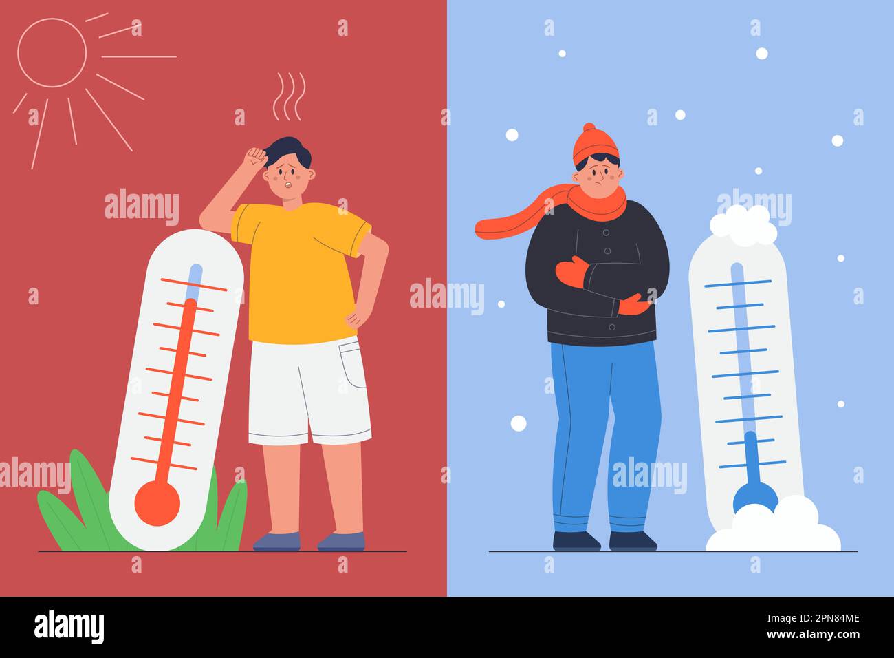 Personne avec froid d'hiver, chaleur d'été et thermomètre Illustration de Vecteur