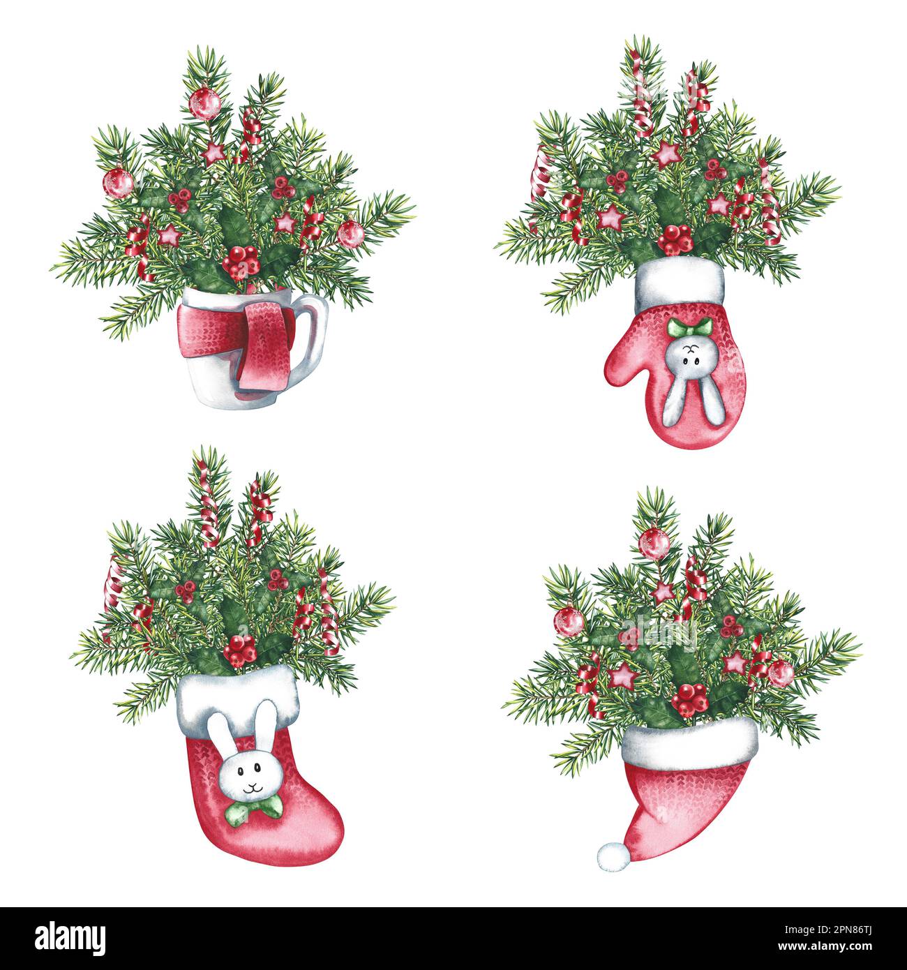 Bouquets de Noël dans la mitaine, le chapeau et la chaussette du Père Noël.  Illustration aquarelle dessinée à la main. Pour la conception de cartes de  vœux et d'invitation, l'emballage, la Photo
