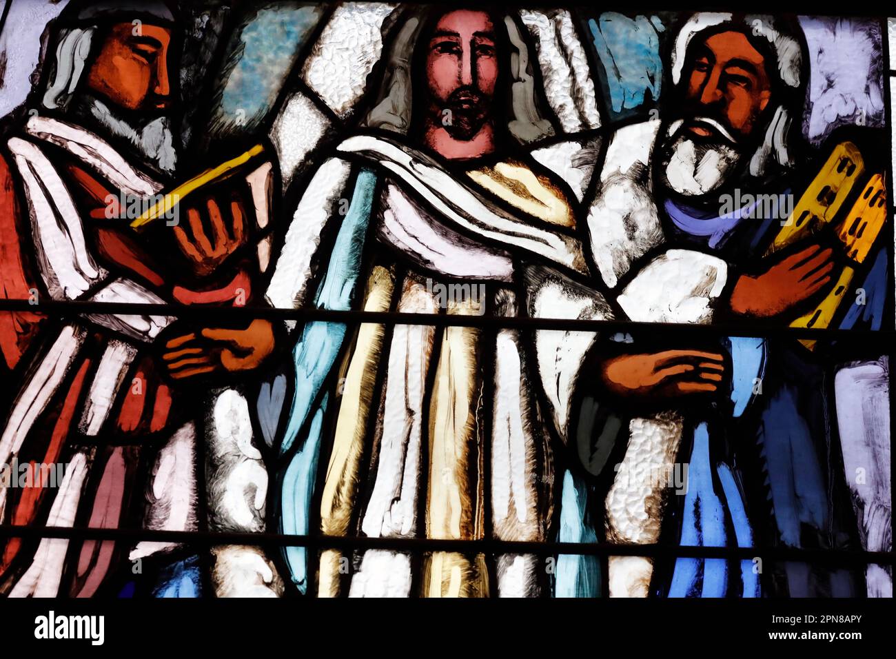 Église Saint-Joseph. Vitrail. La Transfiguration de Jésus. Moïse et Élie. Genève. Suisse. Banque D'Images