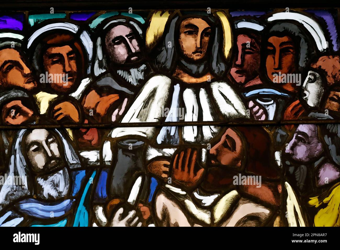 Église Saint-Joseph. Vitrail. La dernière Cène. Jésus et ses 12 apôtres. Genève. Suisse. Banque D'Images