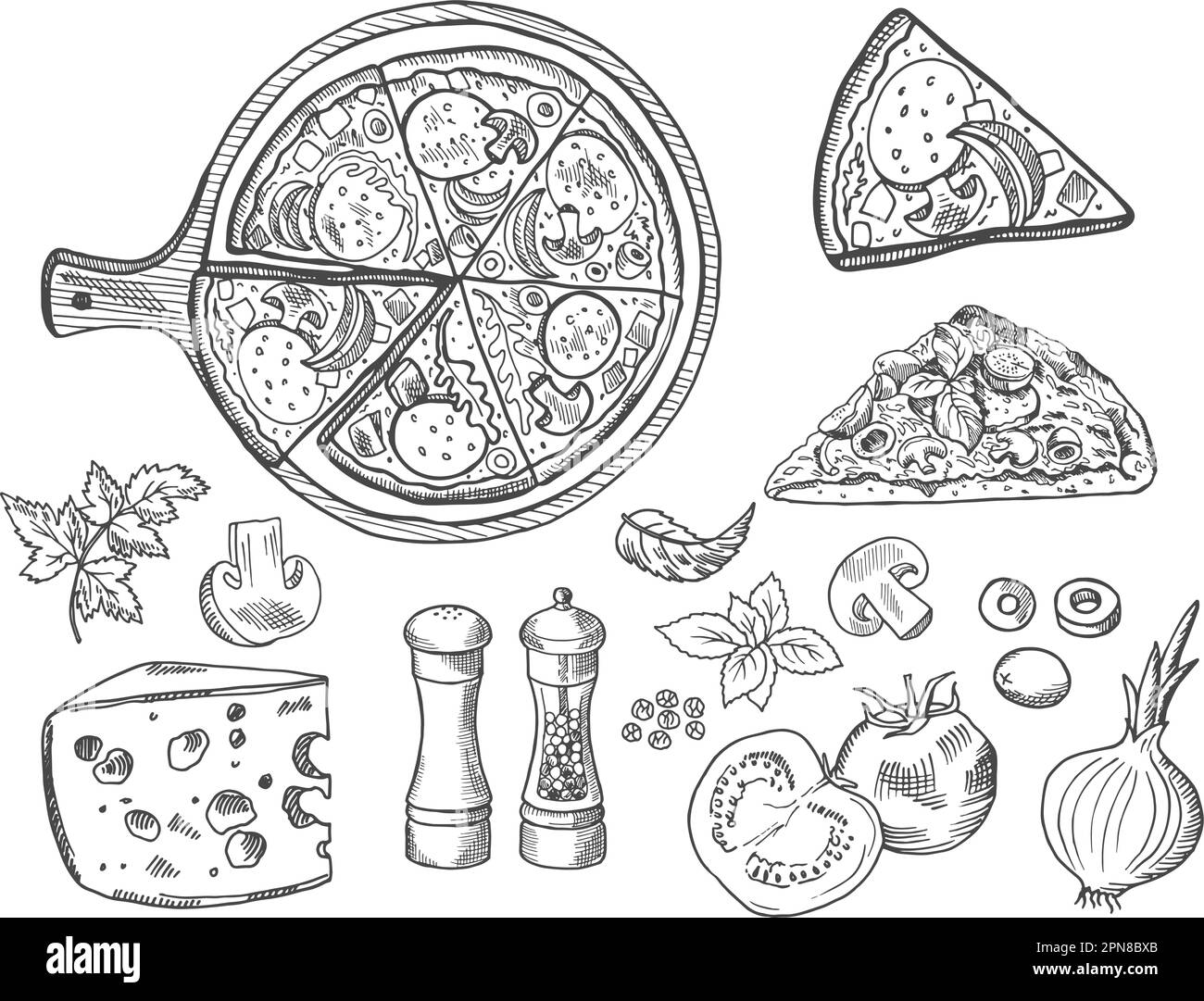 Pirilles à pizza. Pizzas italiennes tranches de pain contour esquisse dessinée à la main isolée sur fond, ail fromage tomates basilic olives oignons champignons Illustration de Vecteur