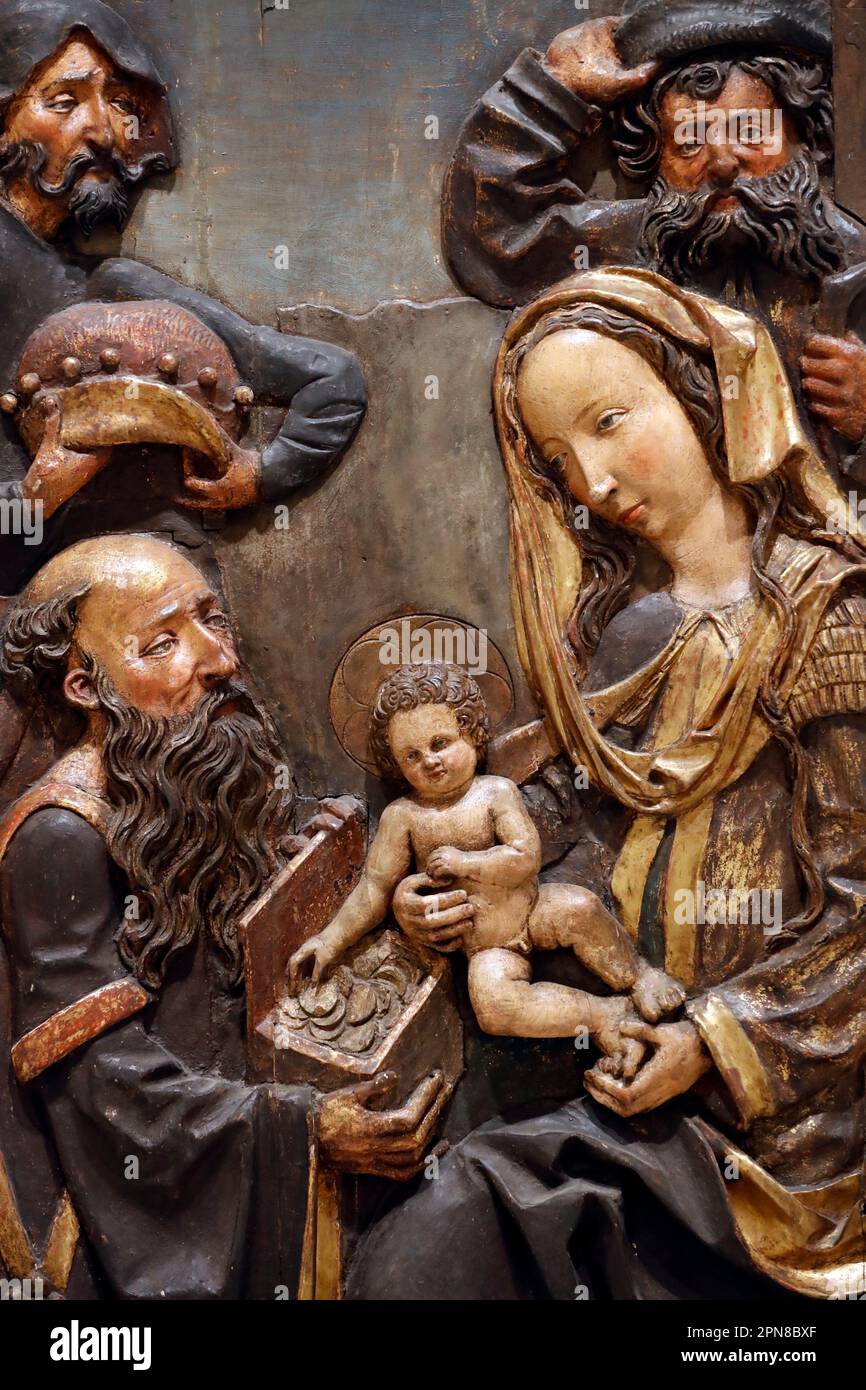 Musée Unterlinden. Nativité. Adoration de l'enfant Jésus par les trois sages ou Magi. Bois polychrome. 16 ème siècle. Colmar. France. Colmar. Fran Banque D'Images