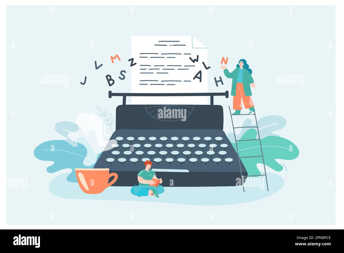 Petite femme créative auteur avec écriture de machine à écrire roman Illustration de Vecteur