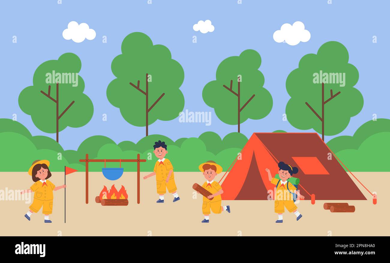 Scouts garçons et filles au camp avec tente et feu Illustration de Vecteur