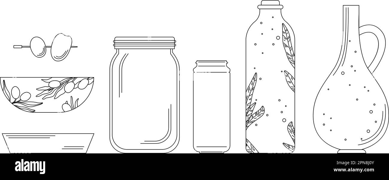 Mettre en ligne les bouteilles, les bols et les bocaux. Bol décoratif isolé avec branches d'olive. Décor méditerranéen, vaisselle de cuisine vectorielle différente Illustration de Vecteur
