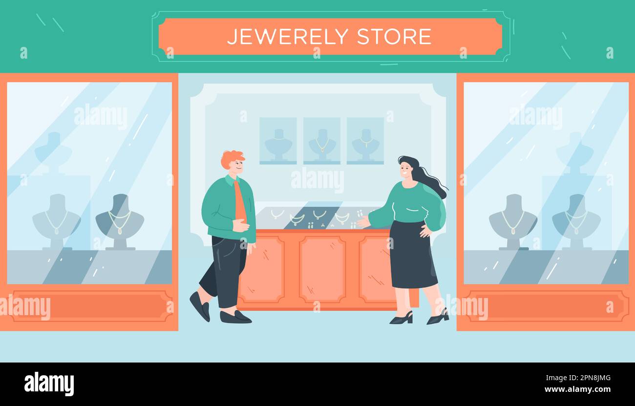 Vendeur aidant le client à choisir des bijoux en magasin Illustration de Vecteur