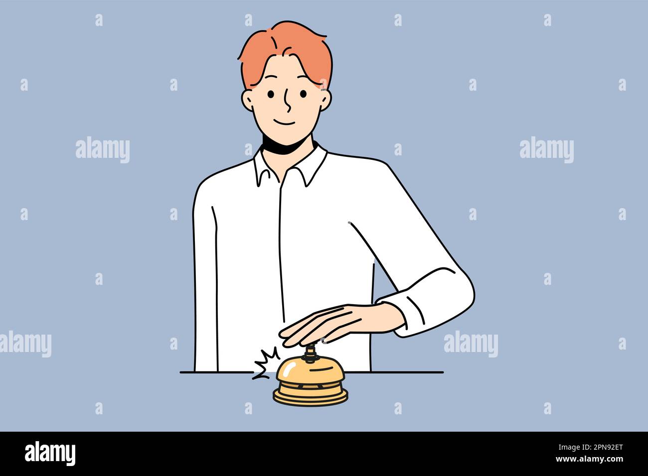 Un homme souriant sonnant à la réception de l'hôtel et appelant le personnel. Un client ou un client heureux appuie sur la sonnerie du compteur d'administration. Illustration vectorielle. Illustration de Vecteur