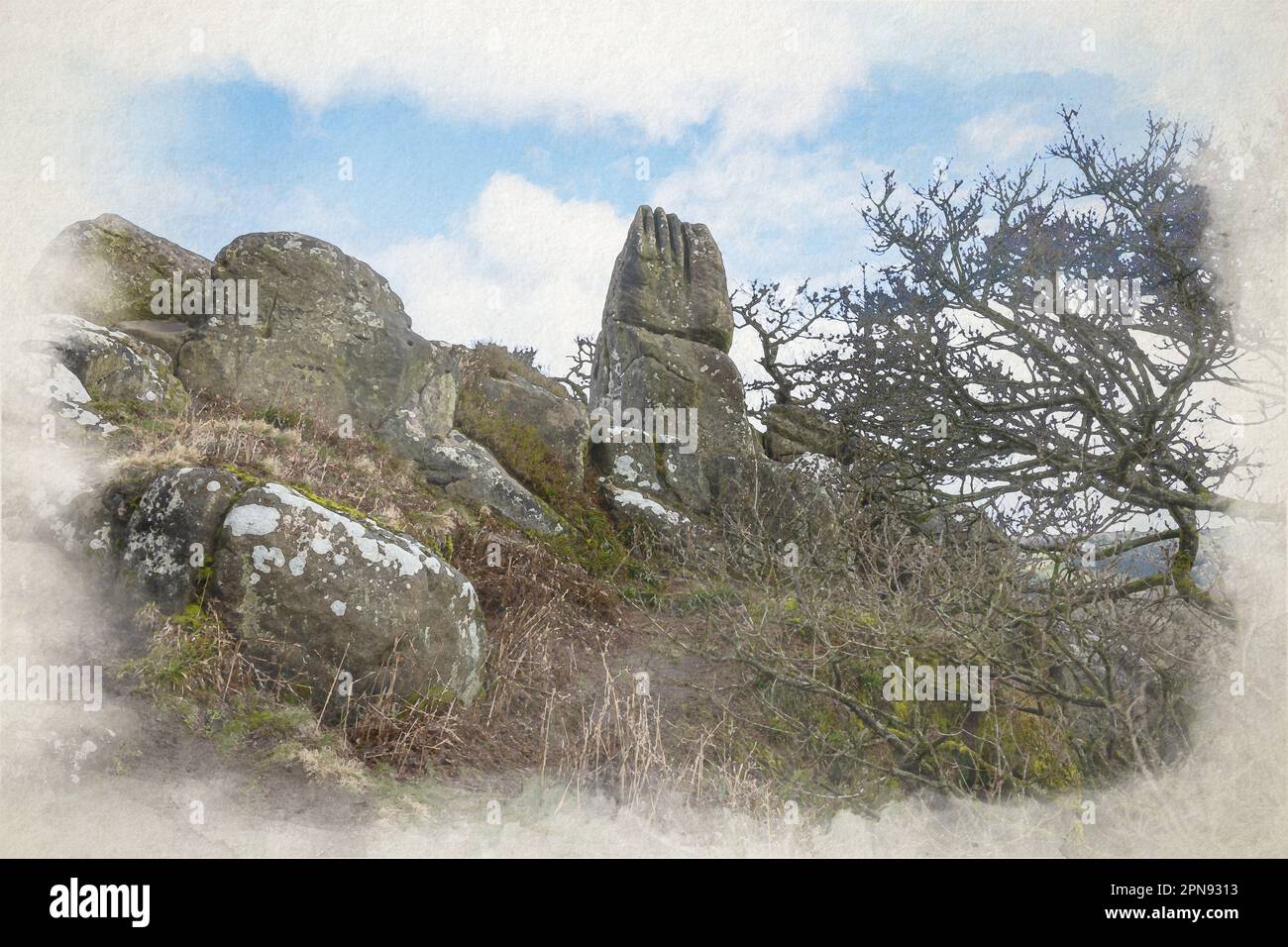 Peinture aquarelle numérique de la formation rocheuse de la voie calcaire de la foulée de Robin Hood dans le Derbyshire Dales, Peak District National Park, Royaume-Uni. Banque D'Images