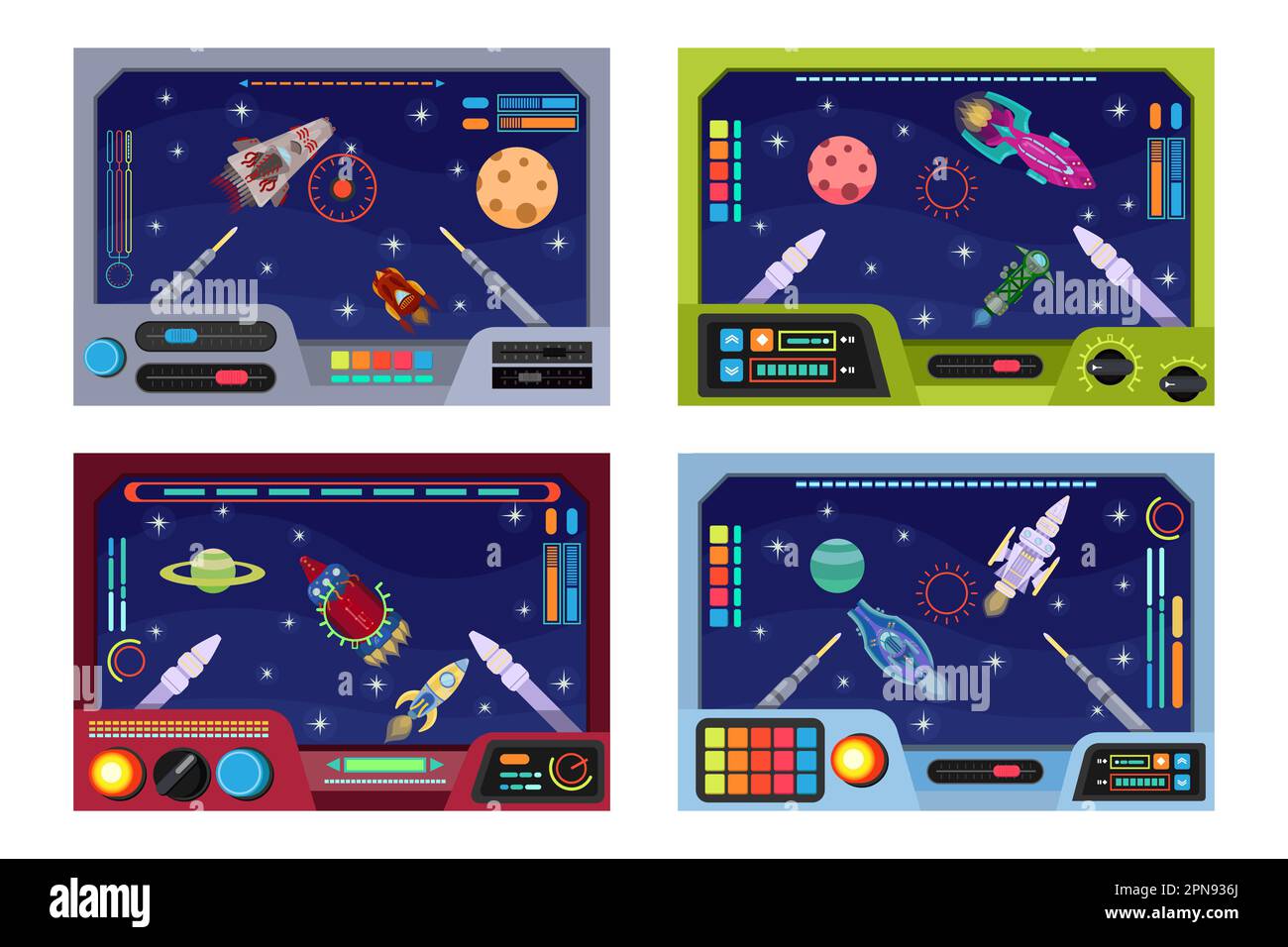 Jeu d'illustrations de dessins animés des panneaux de commande du vaisseau spatial Illustration de Vecteur