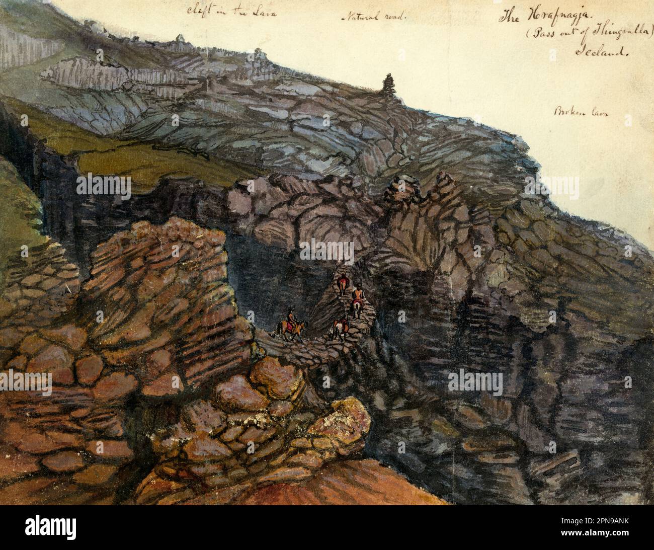 Le Hrafnagja (col de Thingvalla Islande) - dessin montre quatre hommes voyageant à cheval traversant un pont de pierre mince fait dans la fente en lave en Islande. Taylor a visité l'Islande en 1862, peut-être en route vers la Russie Banque D'Images