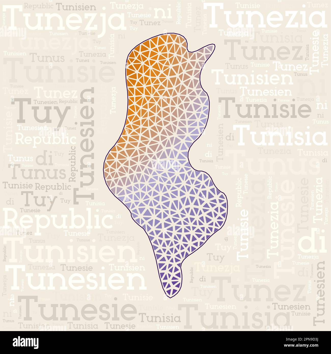 CARTE DE LA TUNISIE. Noms de pays dans différentes langues et forme de la carte avec des triangles polytrapézoïdales géométriques bas. Illustration vectorielle nette de la Tunisie. Illustration de Vecteur