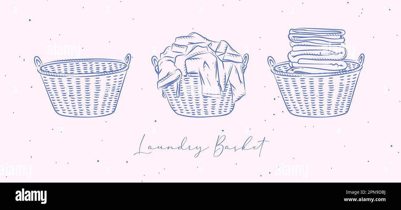 Les paniers à linge sont vides, avec des vêtements sales et propres dessinant dans le style graphique sur fond pêche Illustration de Vecteur