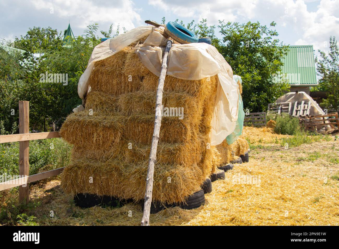 Foin dans des briquettes sur un tas sur un phare comme alimentation pour les chevaux en Ukraine dans la journée Banque D'Images