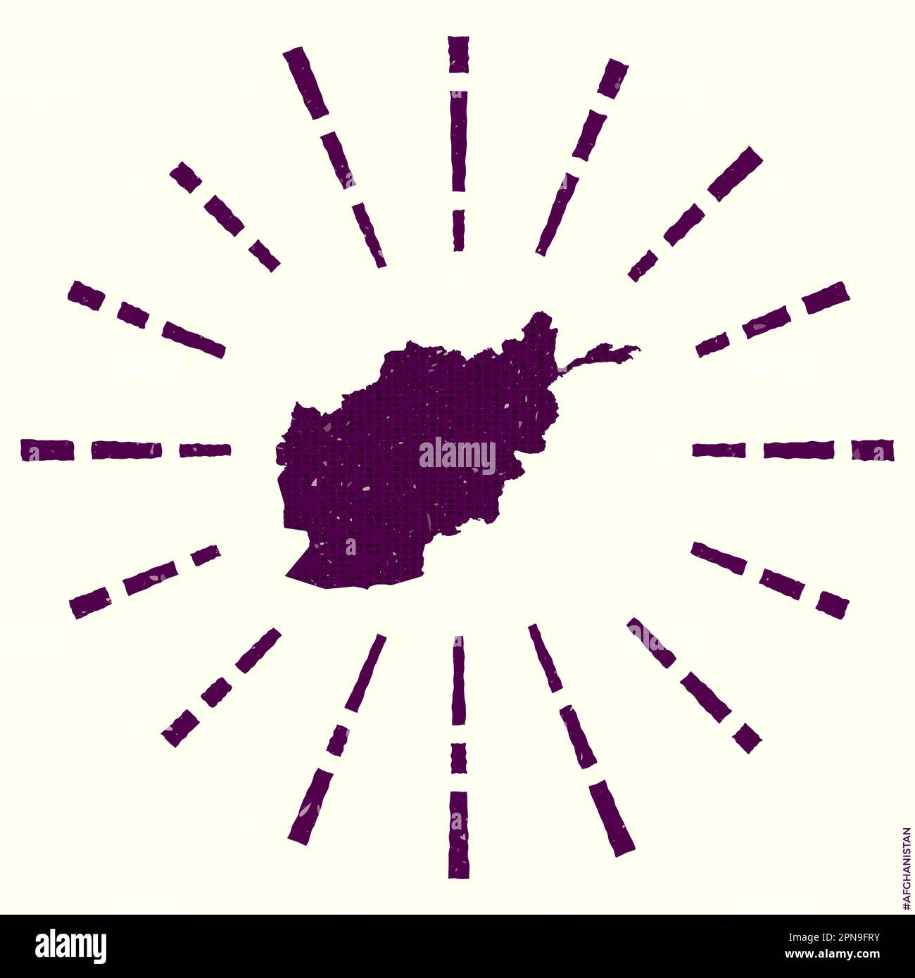 Logo Afghanistan. Affiche grunge Sunburst avec carte du pays. Forme de l'Afghanistan rempli de chiffres hexagonaux avec des rayons de soleil autour. Illustration de Vecteur