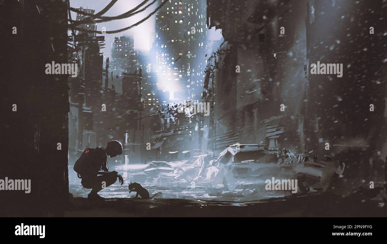 jeune garçon regardant un chat dans le coin du bâtiment la nuit, style d'art numérique, peinture d'illustration Banque D'Images