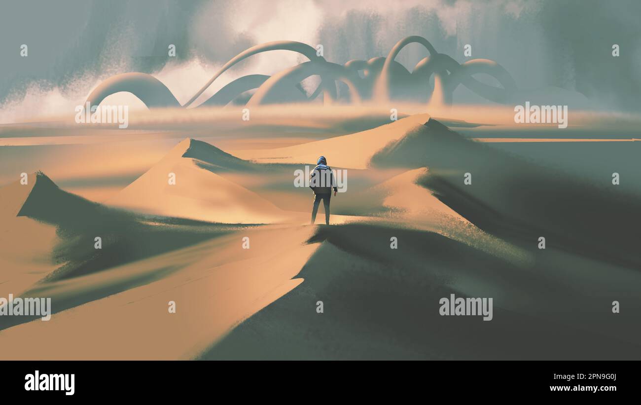 homme debout dans le désert regardant le monstre géant à l'horizon, style d'art numérique, peinture d'illustration Banque D'Images