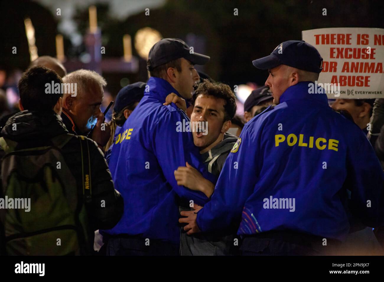Protestation des activistes végétaliens contre les abus d'animaux et la consommation de viande pendant les festivités de Pâques tandis que les policiers en uniforme bleu les poussent en arrière. Banque D'Images
