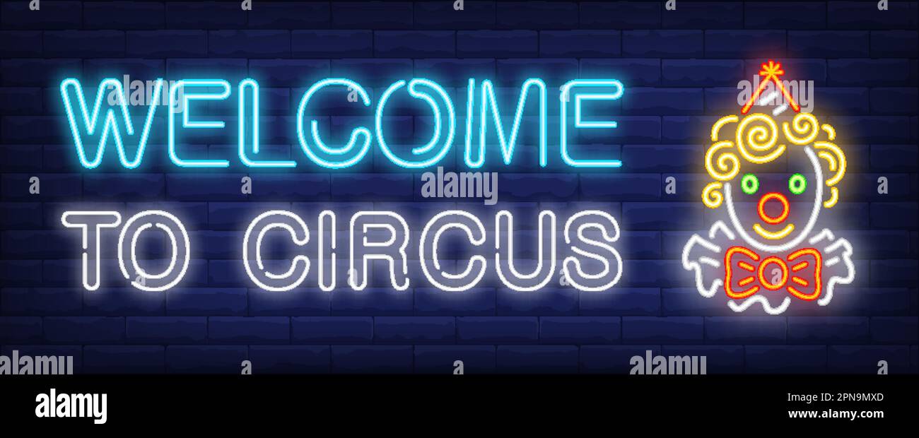 Bienvenue dans le cirque de texte néon avec tête clown drôle Illustration de Vecteur