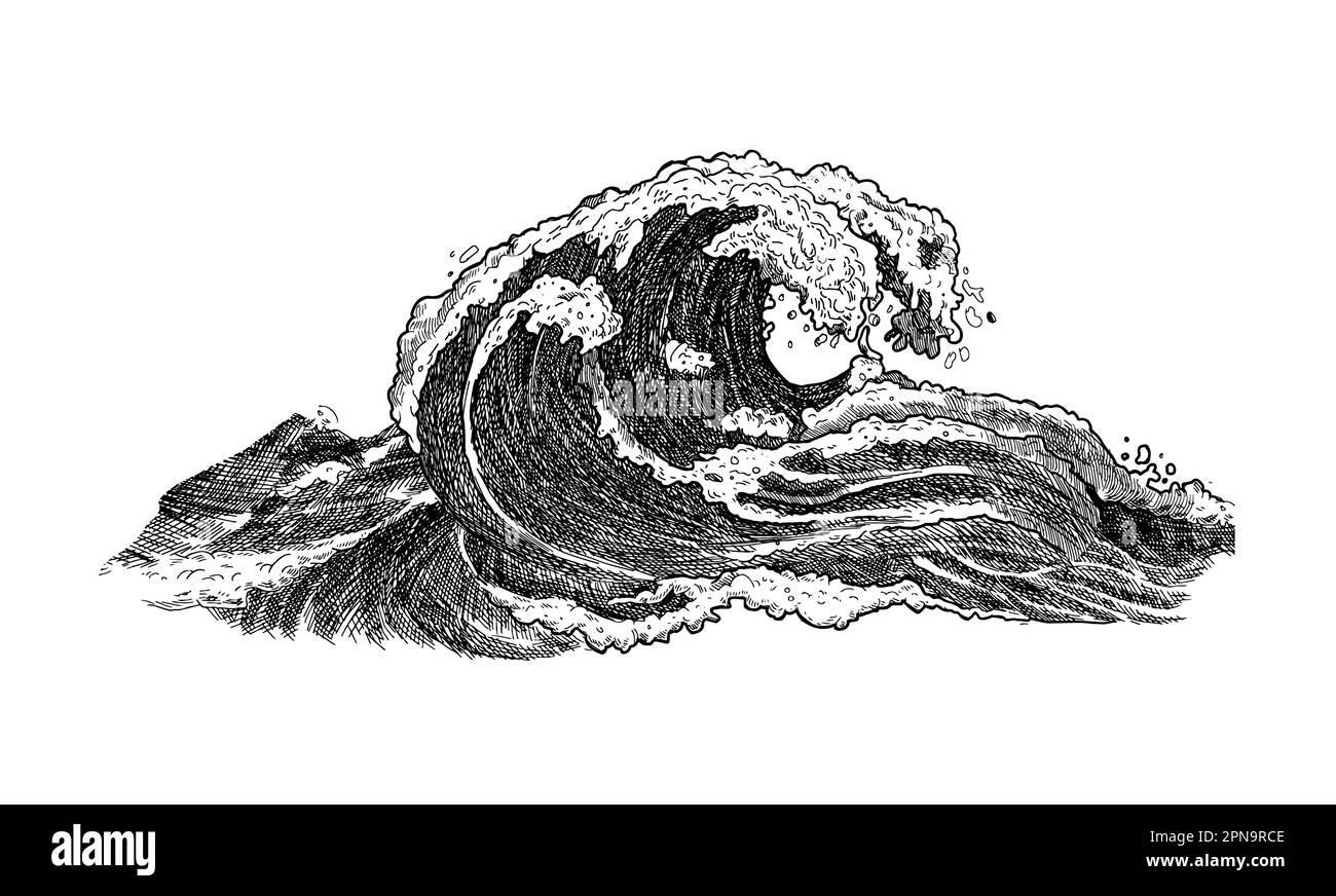 Esquisse d'onde de mer. Vagues de tempête de marée d'océan dessinées à la main vintage isolées sur fond blanc pour le surf et le paysage marin. Illustration vectorielle. Illustration de Vecteur