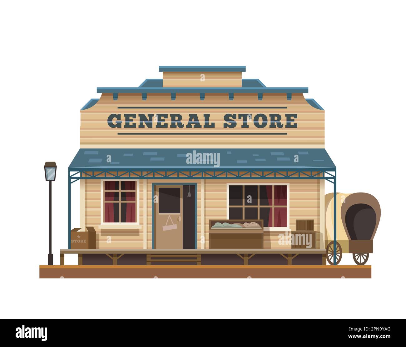 WESTERN Wild West magasin général bâtiment de ville, vecteur ancienne architecture américaine. Maison de dessin animé de la ville du Texas magasin général, magasin de détail ou d'épicerie WIT Illustration de Vecteur