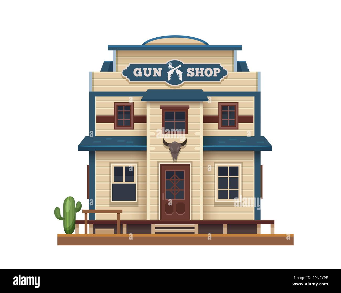 WESTERN Wild West, magasin d'armes à feu bâtiment au Texas, vecteur ville en bois architecture. American Wild West Country Shop of Cowboy Guns and Shotguns, W Illustration de Vecteur