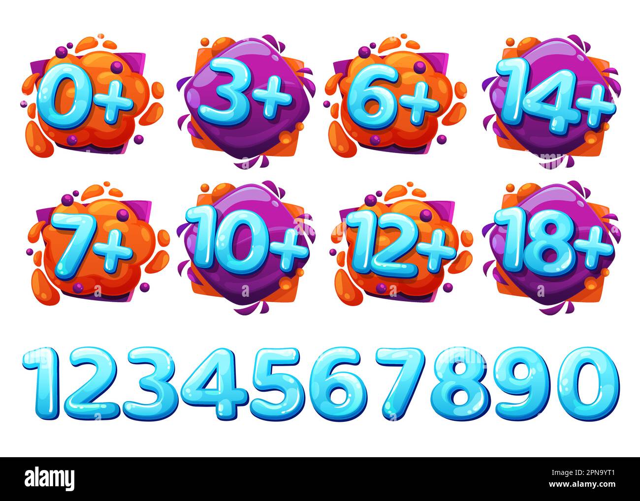 Icônes de bande dessinée de restriction d'âge pour les enfants, étiquettes de jeux pour enfants plus pour les enfants, panneaux vectoriels. Jouets pour bébés symboles de restriction d'âge adaptés pour les enfants et les adolescents Illustration de Vecteur