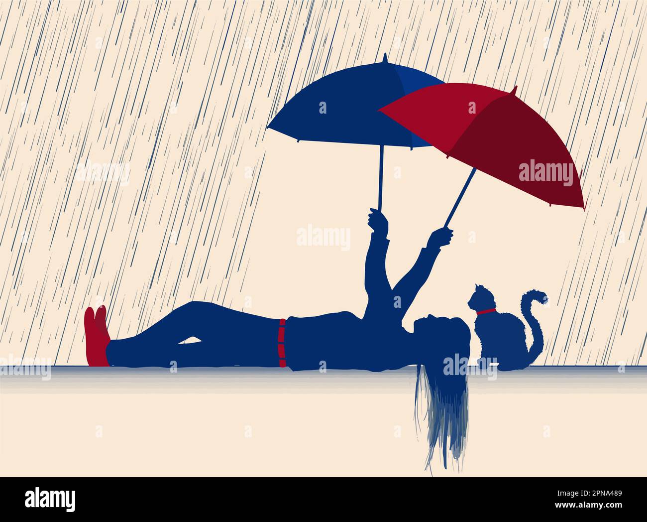 Une fille se trouve sur le dos sous la pluie avec deux parasols protégeant son chaton de l'humidité. Cette illustration de chat est un vecteur. Illustration de Vecteur