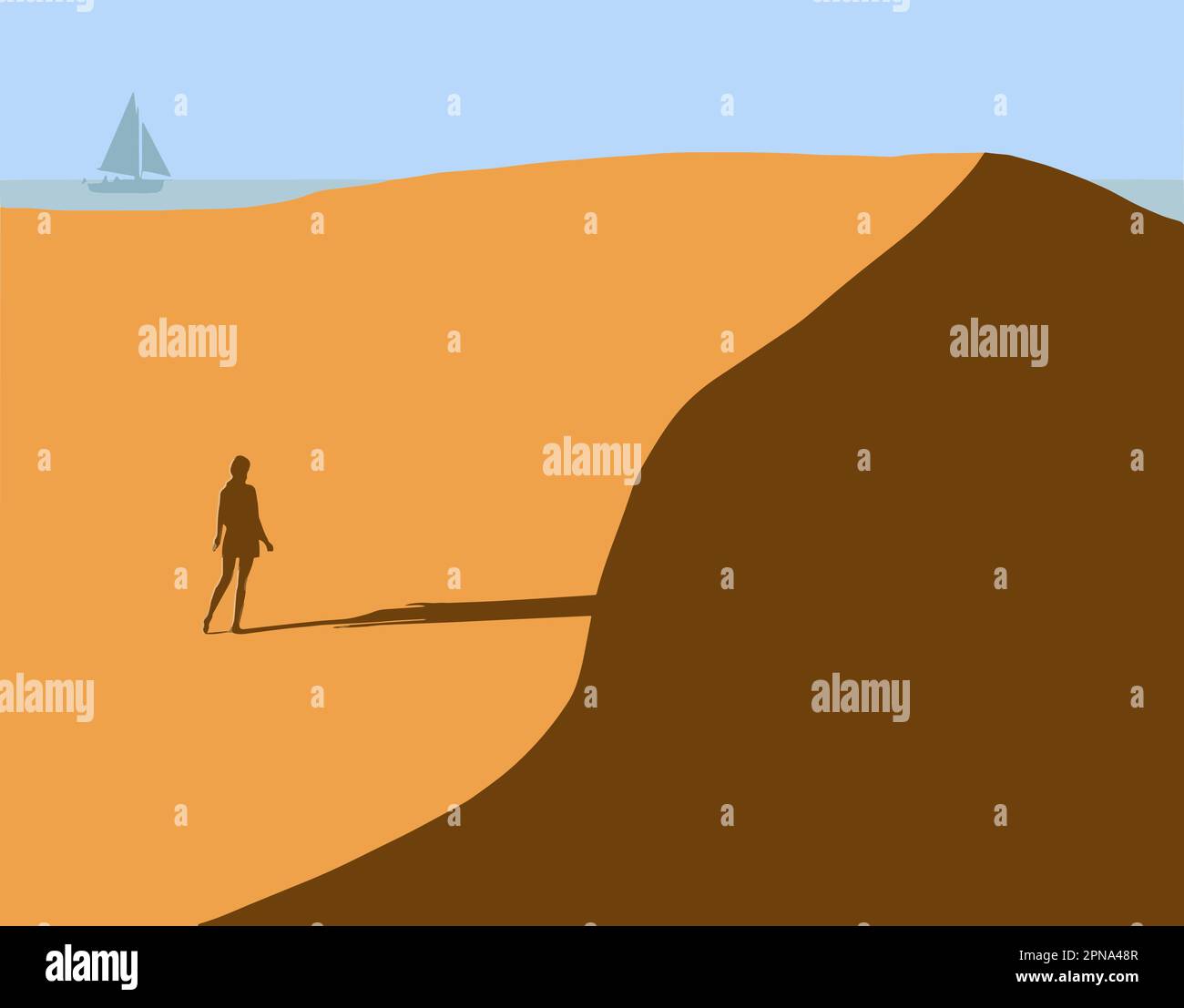 Une femme est vue sur une dune de sable qui se trouve près d'un rivage du lac Michigan dans le nord de l'Indiana dans cette illustration vectorielle. Illustration de Vecteur