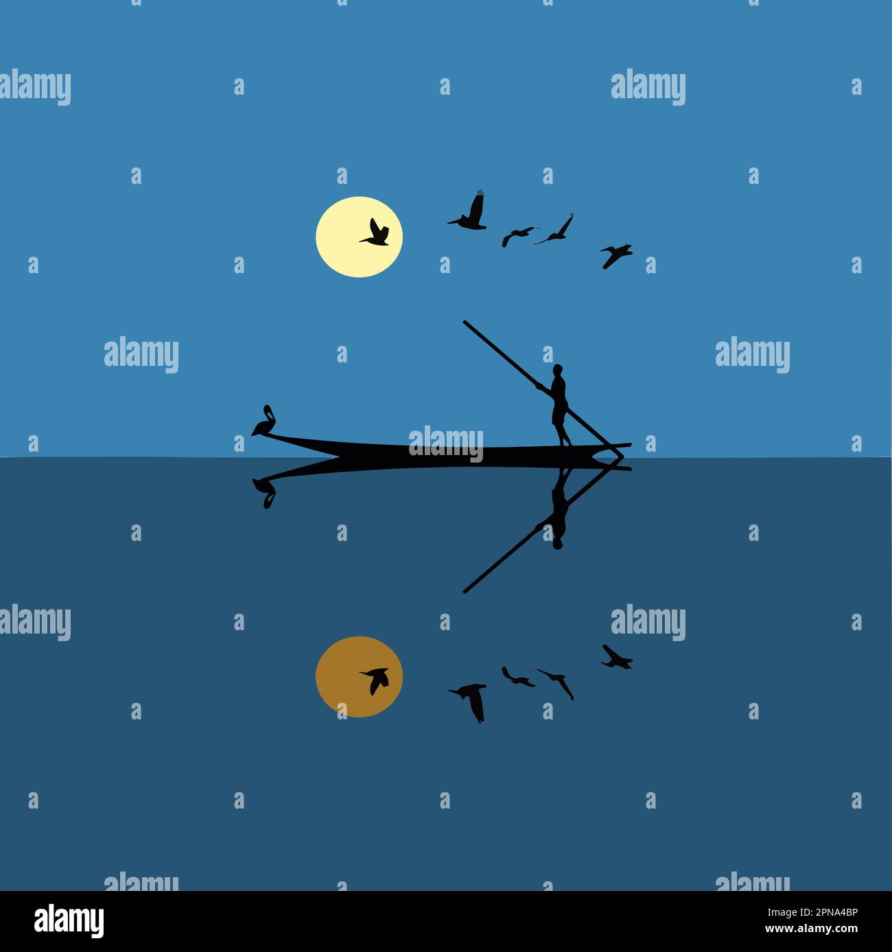 Un pêcheur dans un longboat s'envole sur la mer comme un pélican au coucher du soleil dans cette illustration vectorielle. Illustration de Vecteur