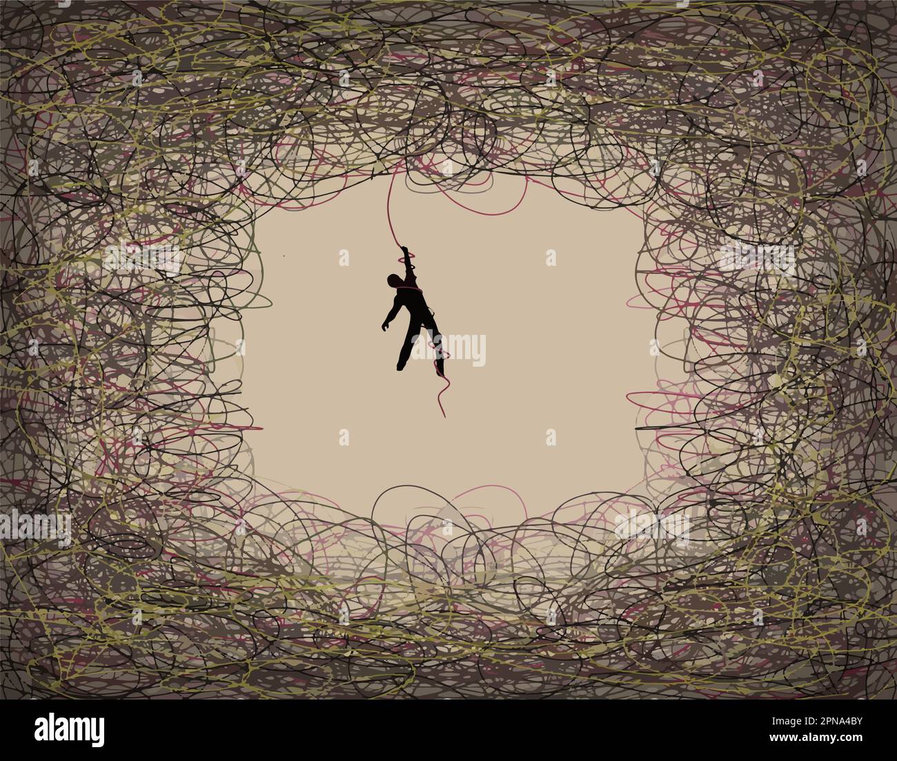 Un homme pend par un fil d'une masse de fil enchevêtrée dans cette métaphore visuelle de la vie qui est une illustration vectorielle. Illustration de Vecteur