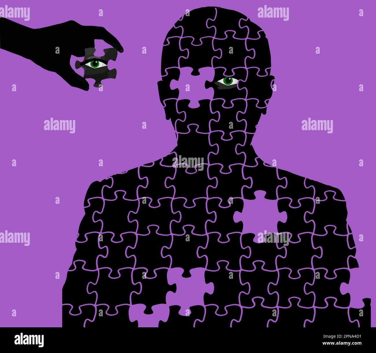 Un homme qui est un puzzle a un oeil manquant qui est sur le point d'être retourné et mis en place dans une image sur la santé des yeux. Il s'agit d'un graphique vectoriel. Illustration de Vecteur