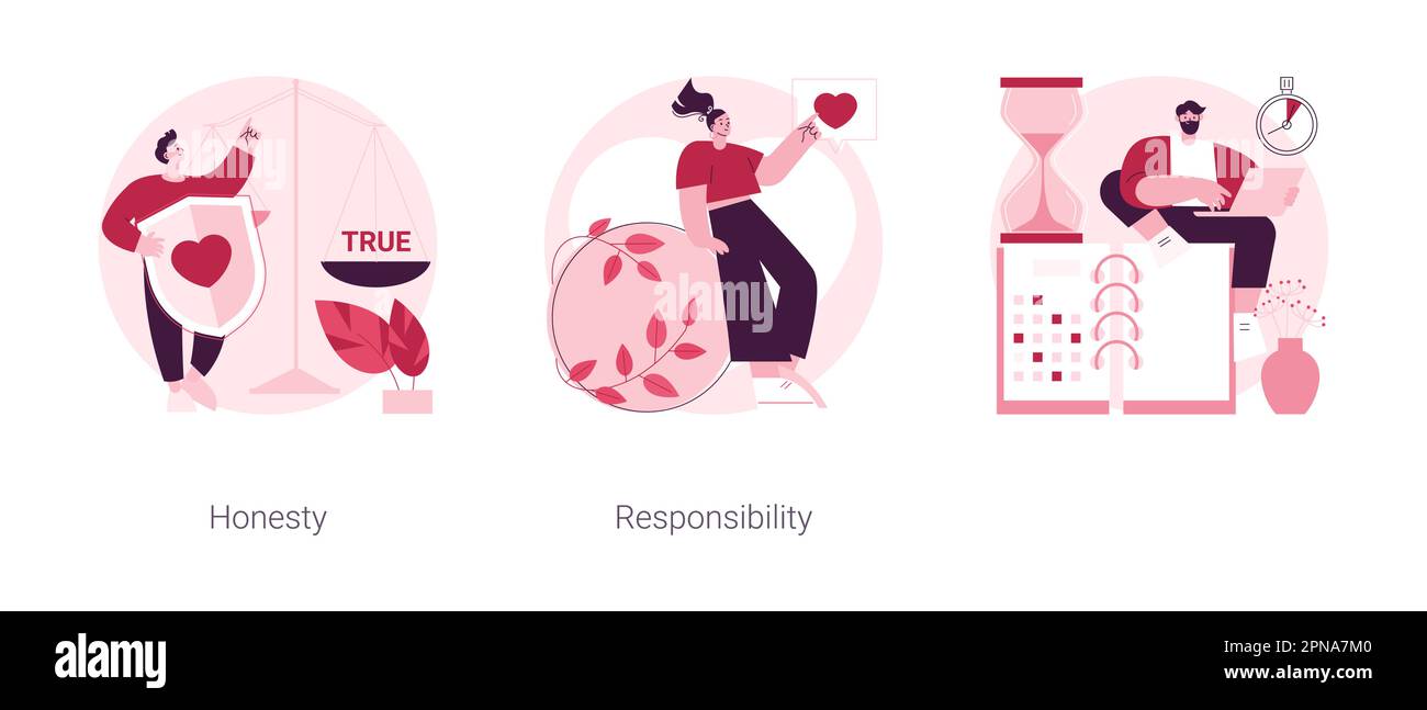 Gestion de l'ensemble d'illustrations vectorielles de concept abstrait de position. Honnêteté et responsabilité, gestion du temps, planification efficace, productivité au travail, valeur fondamentale de l'entreprise, contrôle de la métaphore abstraite. Illustration de Vecteur