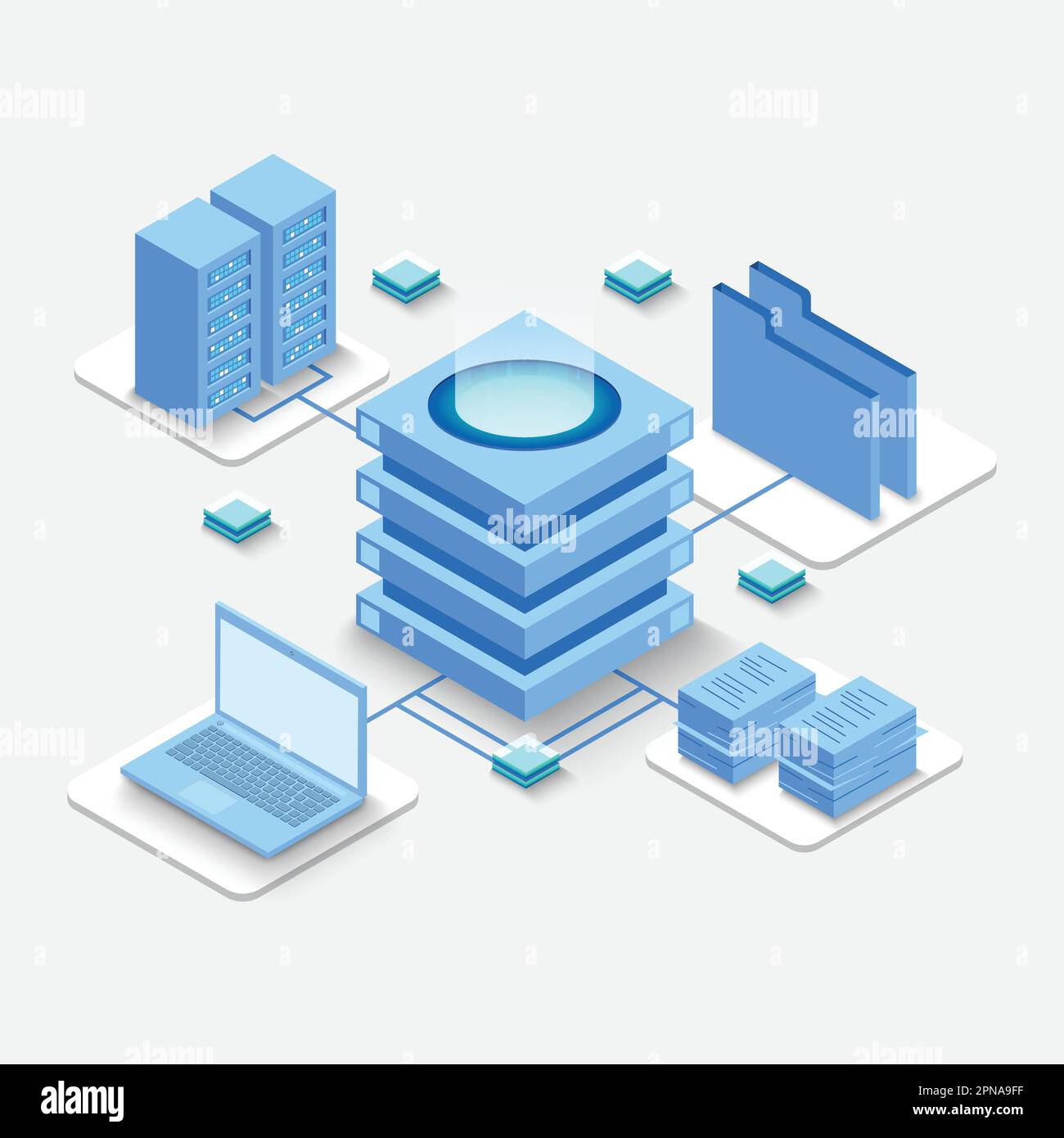Calcul du Big Data Center, traitement de l'information, base de données. routage du trafic internet, technologie de vecteur isométrique pour rack de salle de serveurs Illustration de Vecteur