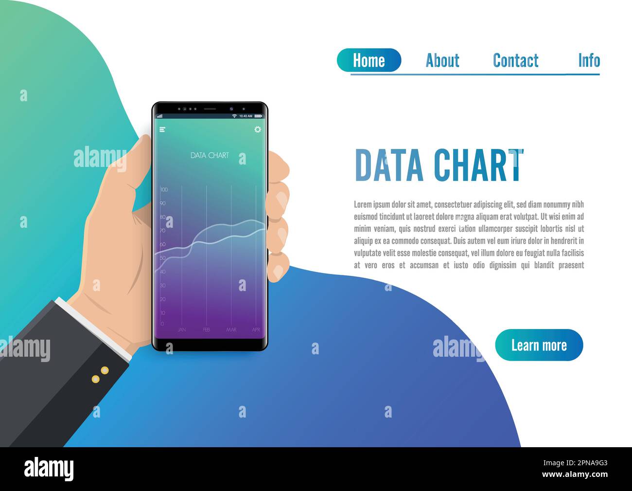 Analyse des tendances du marché sur smartphone avec graphique en courbes et graphiques. Tient le téléphone à main. Concept de graphique de données. Marketing de données de conception plate. Visualiser le wi Illustration de Vecteur