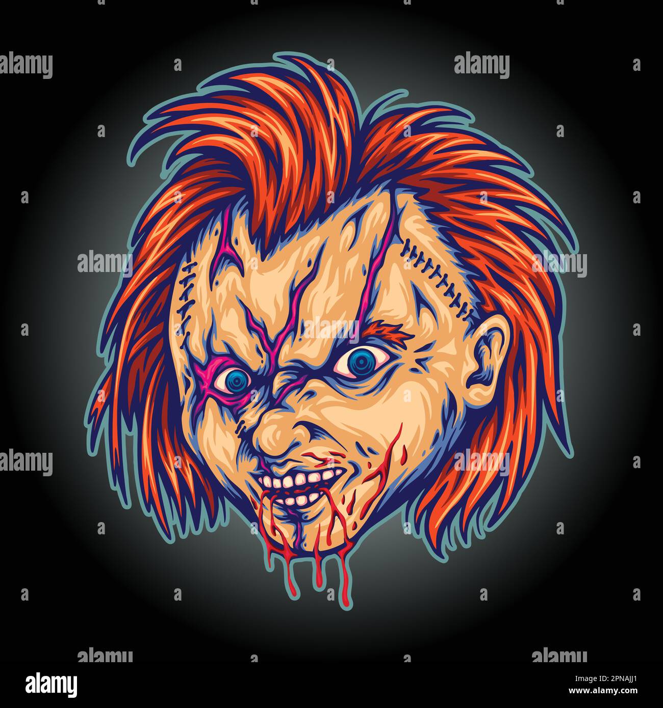 Creepy chucky tête de poupée psycho tueur films illustrations vecteur pour votre travail logo, t-shirt, autocollants et étiquettes, affiches Illustration de Vecteur