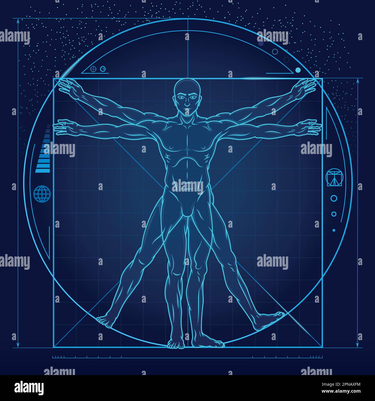 Dessin vectoriel de style caricature homme de Vitruvian, Etude des proportions idéales du corps humain, Canon de proportions humaines avec science fiction backgr Illustration de Vecteur