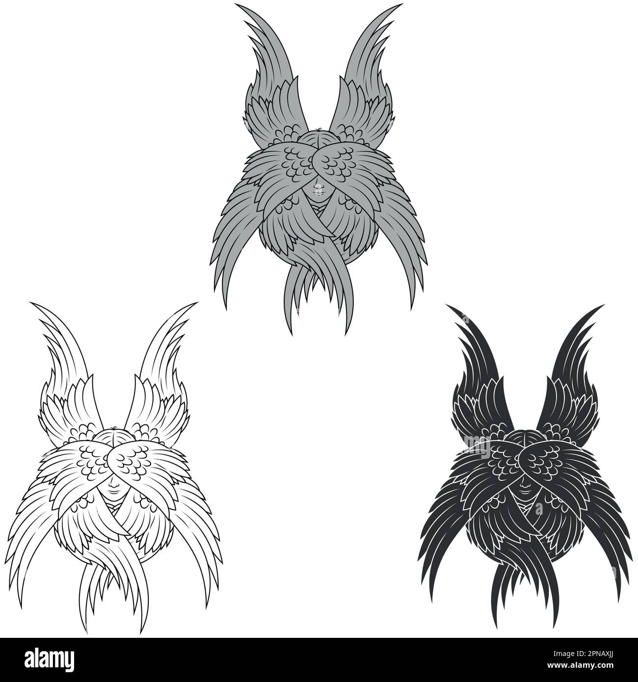 Dessin vectoriel de séraphe avec six ailes, visage angélique de la religion catholique, archange avec halo et plumes Illustration de Vecteur