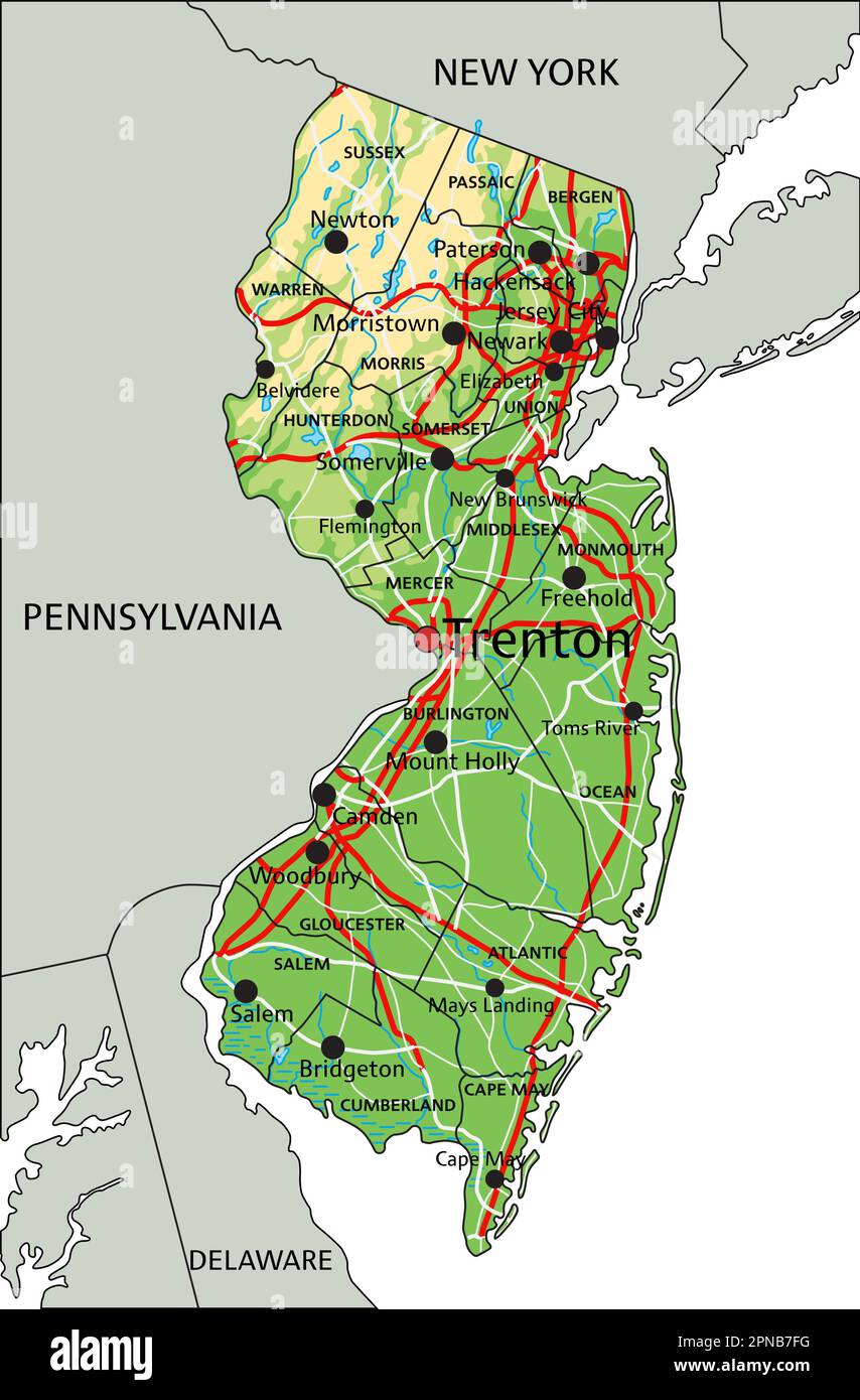 Carte physique du New Jersey très détaillée avec étiquetage Image  Vectorielle Stock - Alamy